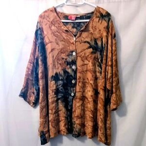 Comfortable Oversized Bright Tropical Tie Dye Button Up Shirt Plus Size 1X